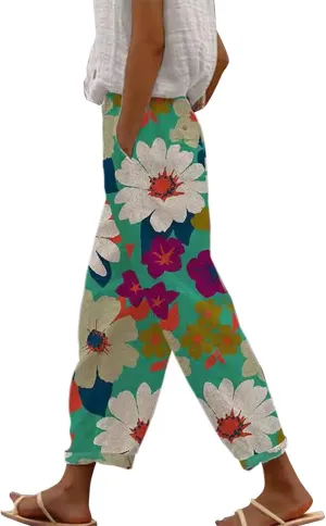Linen Pants Women Summer Floral Solid Long Palazzo Pants High Waist Wide Leg Pant Trendy Lounge Beach Trousers with Pockets