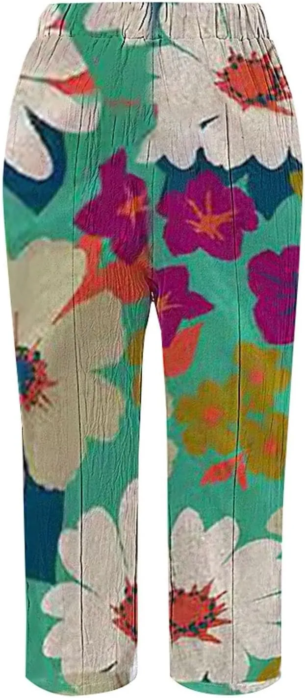 Linen Pants Women Summer Floral Solid Long Palazzo Pants High Waist Wide Leg Pant Trendy Lounge Beach Trousers with Pockets