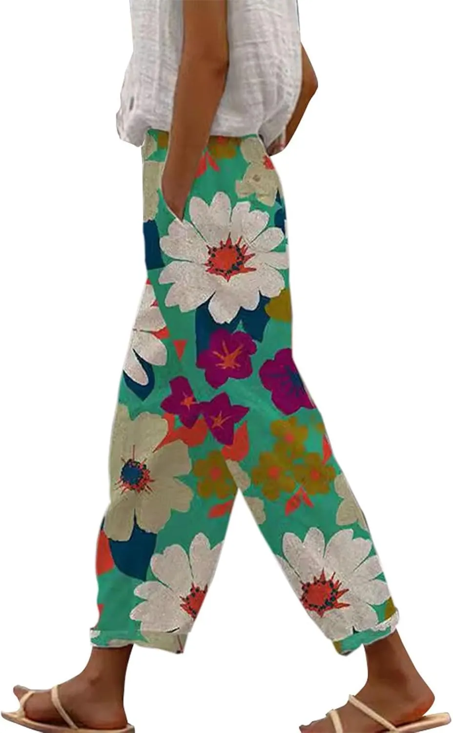 Linen Pants Women Summer Floral Solid Long Palazzo Pants High Waist Wide Leg Pant Trendy Lounge Beach Trousers with Pockets