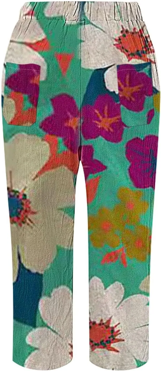 Linen Pants Women Summer Floral Solid Long Palazzo Pants High Waist Wide Leg Pant Trendy Lounge Beach Trousers with Pockets