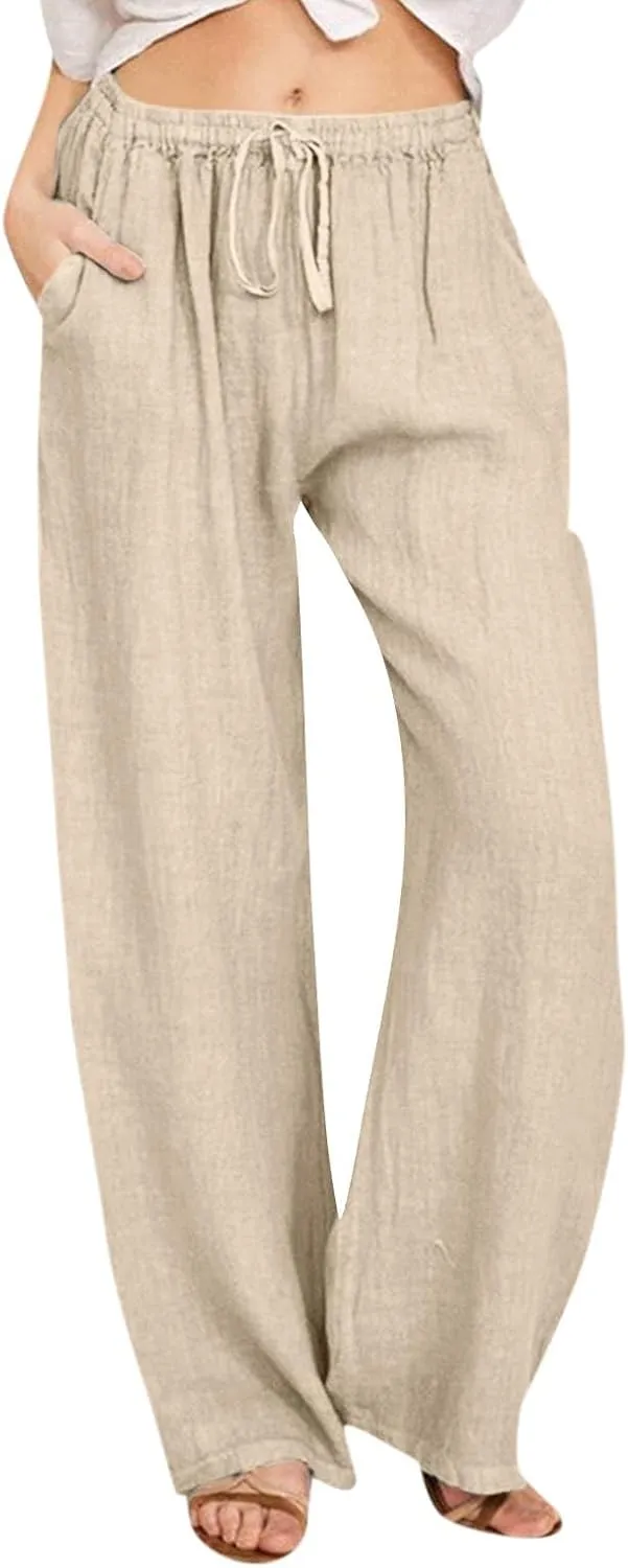 Linen Pants Women Summer,Wide Leg Casual Cotton Linen Pants High Waisted Drawstring Lounge Pants Beach Trousers