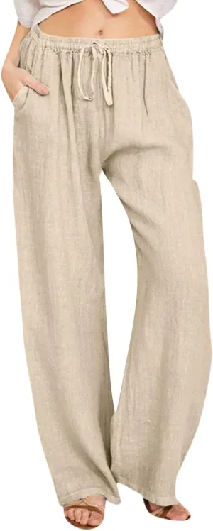 Linen Pants Women Summer,Wide Leg Casual Cotton Linen Pants High Waisted Drawstring Lounge Pants Beach Trousers