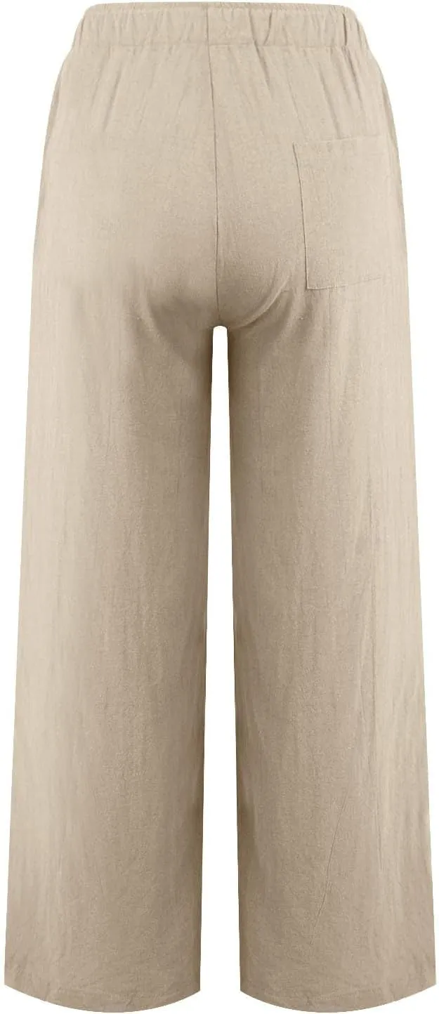 Linen Pants Women Summer,Wide Leg Casual Cotton Linen Pants High Waisted Drawstring Lounge Pants Beach Trousers