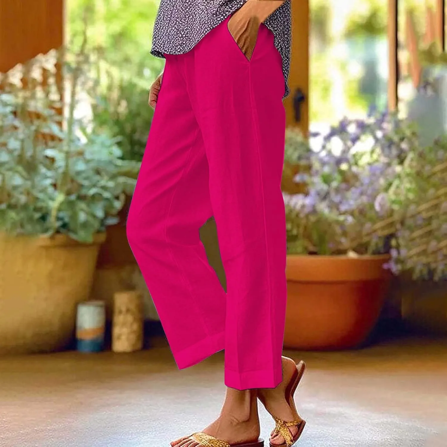 Linen Pants Women Wide Leg Dress Pants Casual Elastic Waisted Women's Linen Blend Beach Pants Loose Fit