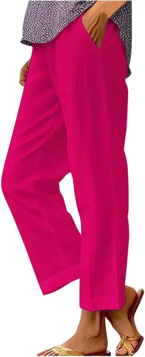 Linen Pants Women Wide Leg Dress Pants Casual Elastic Waisted Women's Linen Blend Beach Pants Loose Fit