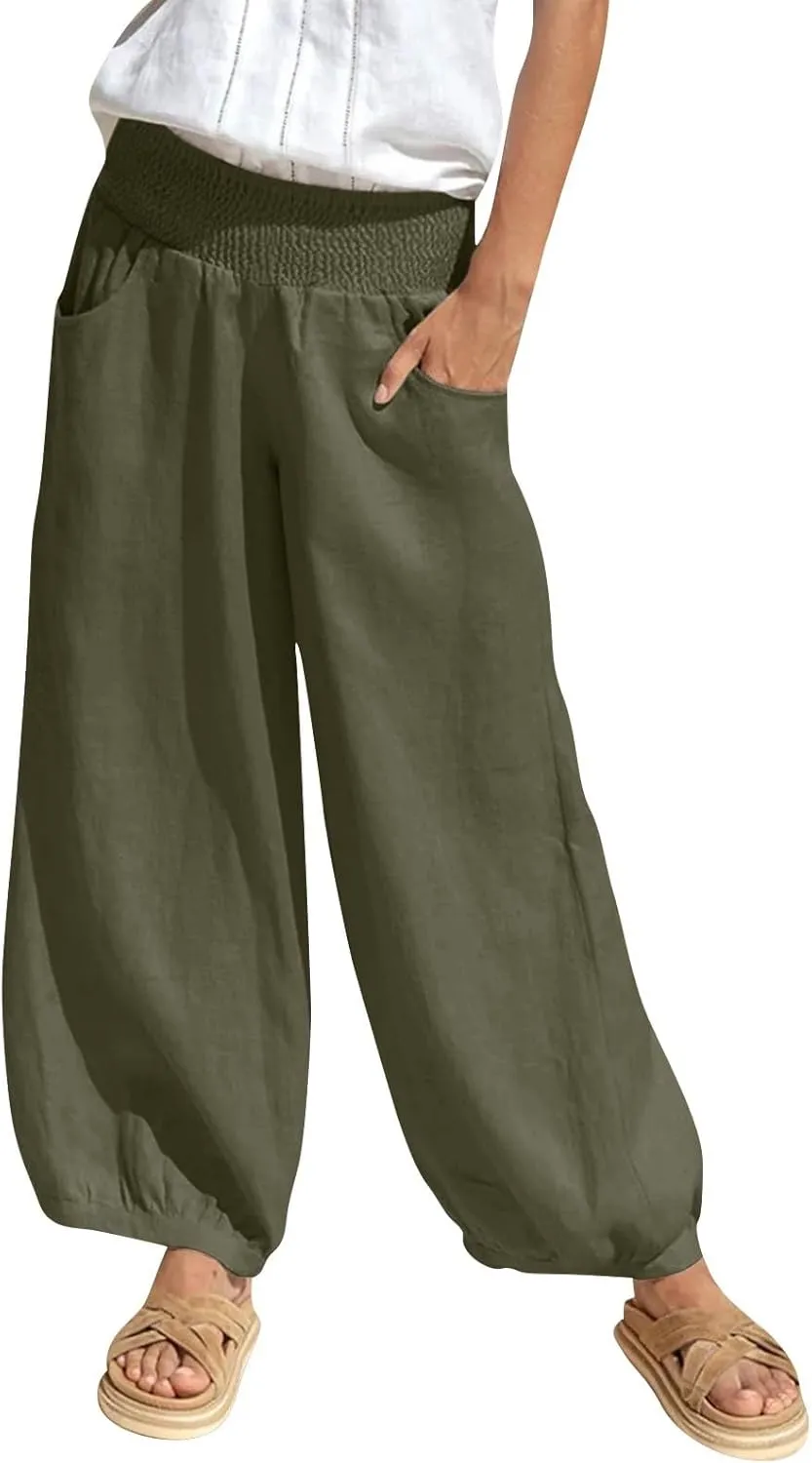 Linen Pants Women Wide Leg High Waisted Summer Pants 2025 Vacation Loose Fit Lightweight Casual Beach Palazzo Trousers