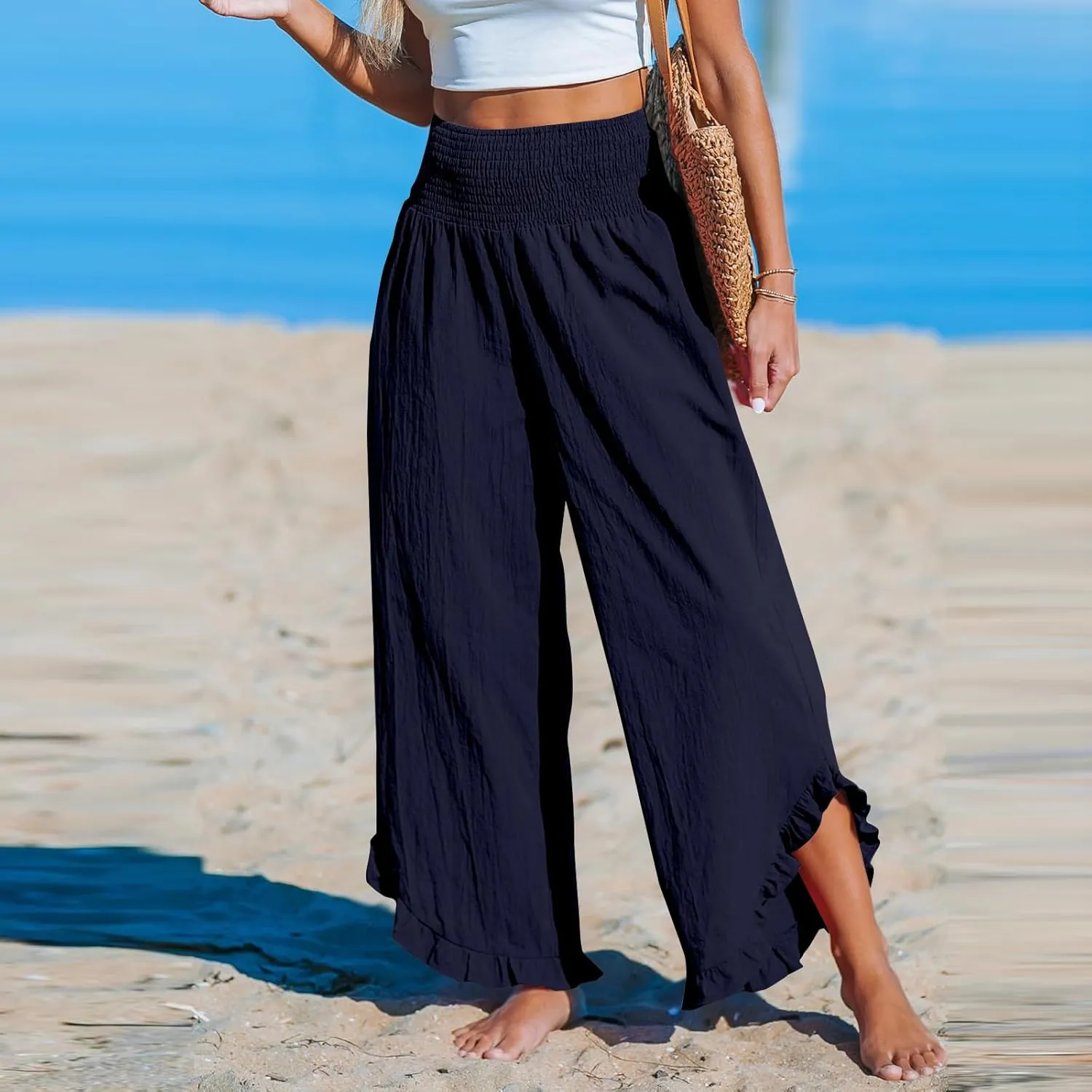 Linen Pants Women Wide Leg Palazzo Pants Elastic High Waisted Trousers Summer Beach Bottoms Loose Fit Casual Pant