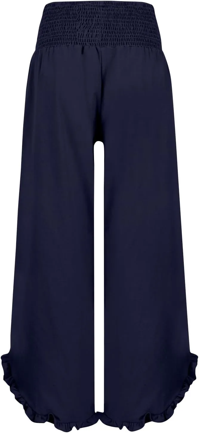 Linen Pants Women Wide Leg Palazzo Pants Elastic High Waisted Trousers Summer Beach Bottoms Loose Fit Casual Pant