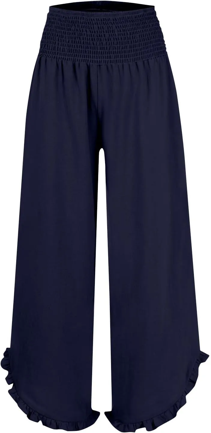 Linen Pants Women Wide Leg Palazzo Pants Elastic High Waisted Trousers Summer Beach Bottoms Loose Fit Casual Pant