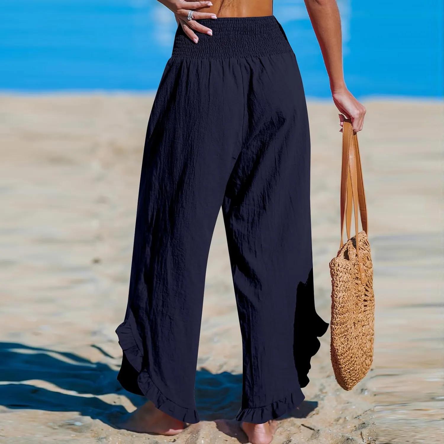 Linen Pants Women Wide Leg Palazzo Pants Elastic High Waisted Trousers Summer Beach Bottoms Loose Fit Casual Pant