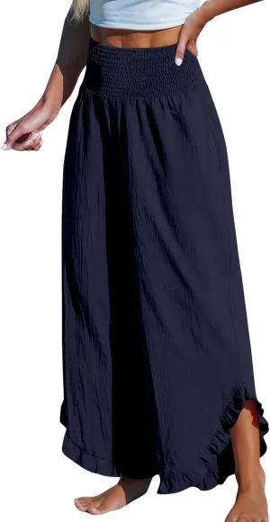 Linen Pants Women Wide Leg Palazzo Pants Elastic High Waisted Trousers Summer Beach Bottoms Loose Fit Casual Pant