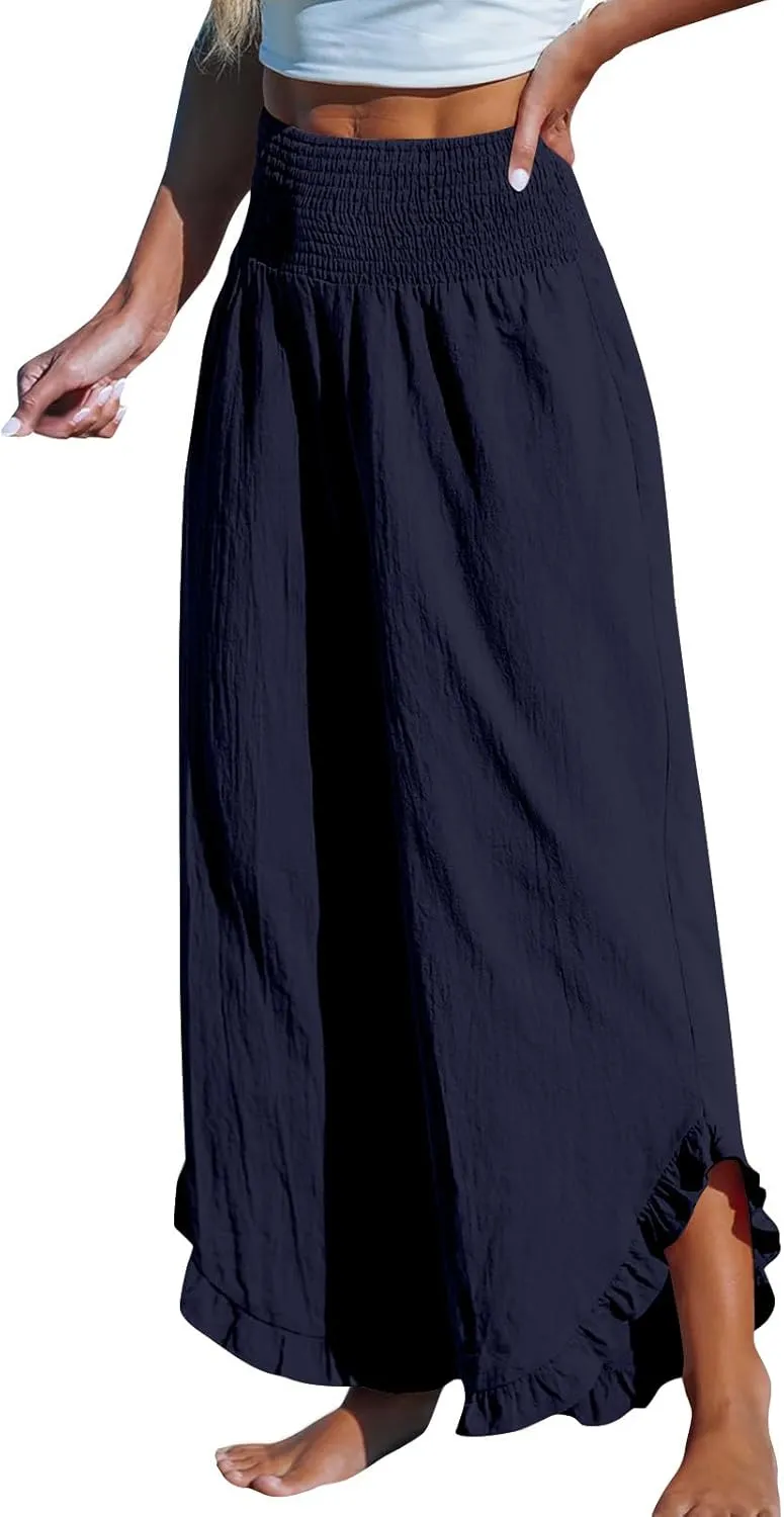 Linen Pants Women Wide Leg Palazzo Pants Elastic High Waisted Trousers Summer Beach Bottoms Loose Fit Casual Pant
