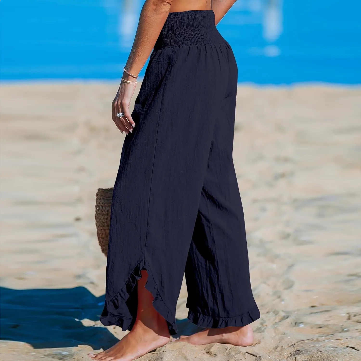 Linen Pants Women Wide Leg Palazzo Pants Elastic High Waisted Trousers Summer Beach Bottoms Loose Fit Casual Pant