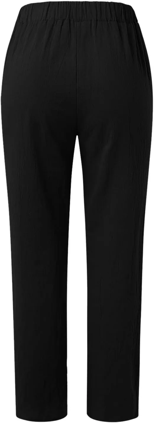Linen Pants Women Wide Leg Pants Fashion Drawstring Elastic Trousers Comfy Straight Leg Palazzo High Waist Wide Leg