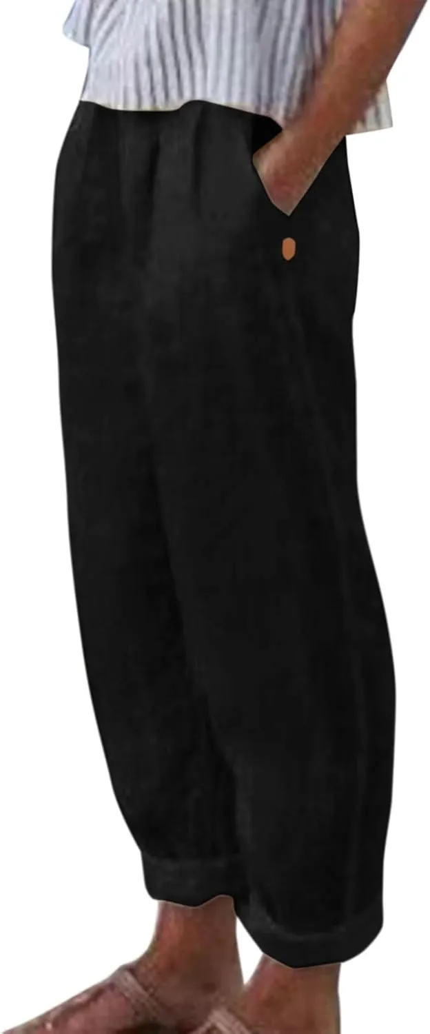 Linen Pants Women Wide Leg Pants Fashion Drawstring Elastic Trousers Comfy Straight Leg Palazzo High Waist Wide Leg
