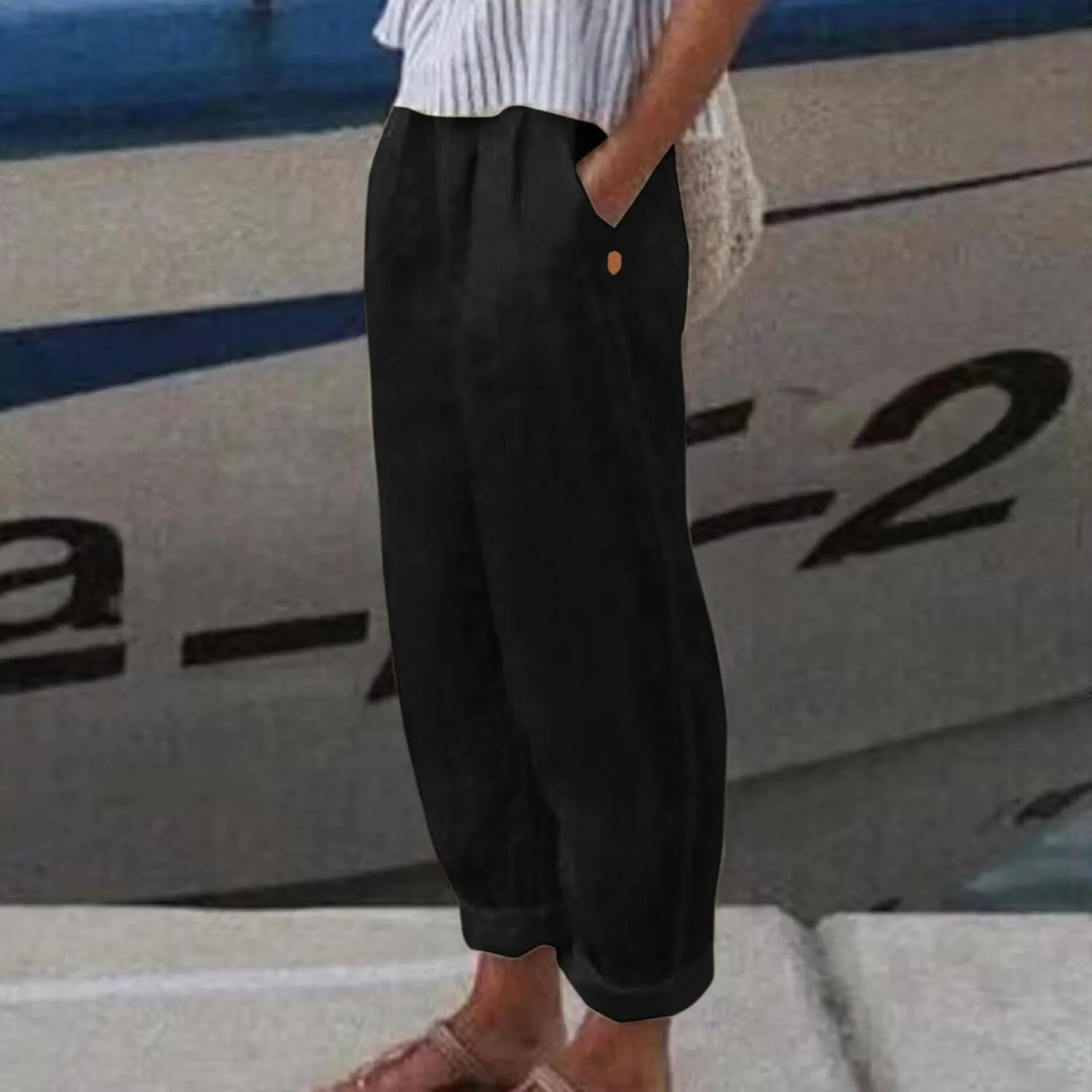 Linen Pants Women Wide Leg Pants Fashion Drawstring Elastic Trousers Comfy Straight Leg Palazzo High Waist Wide Leg