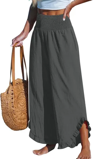 Linen Wide Leg Pants for Women 2025 Stretch Smocked High Waisted Ruffle Hem Palazzo Pants Summer Loose Beach Pants
