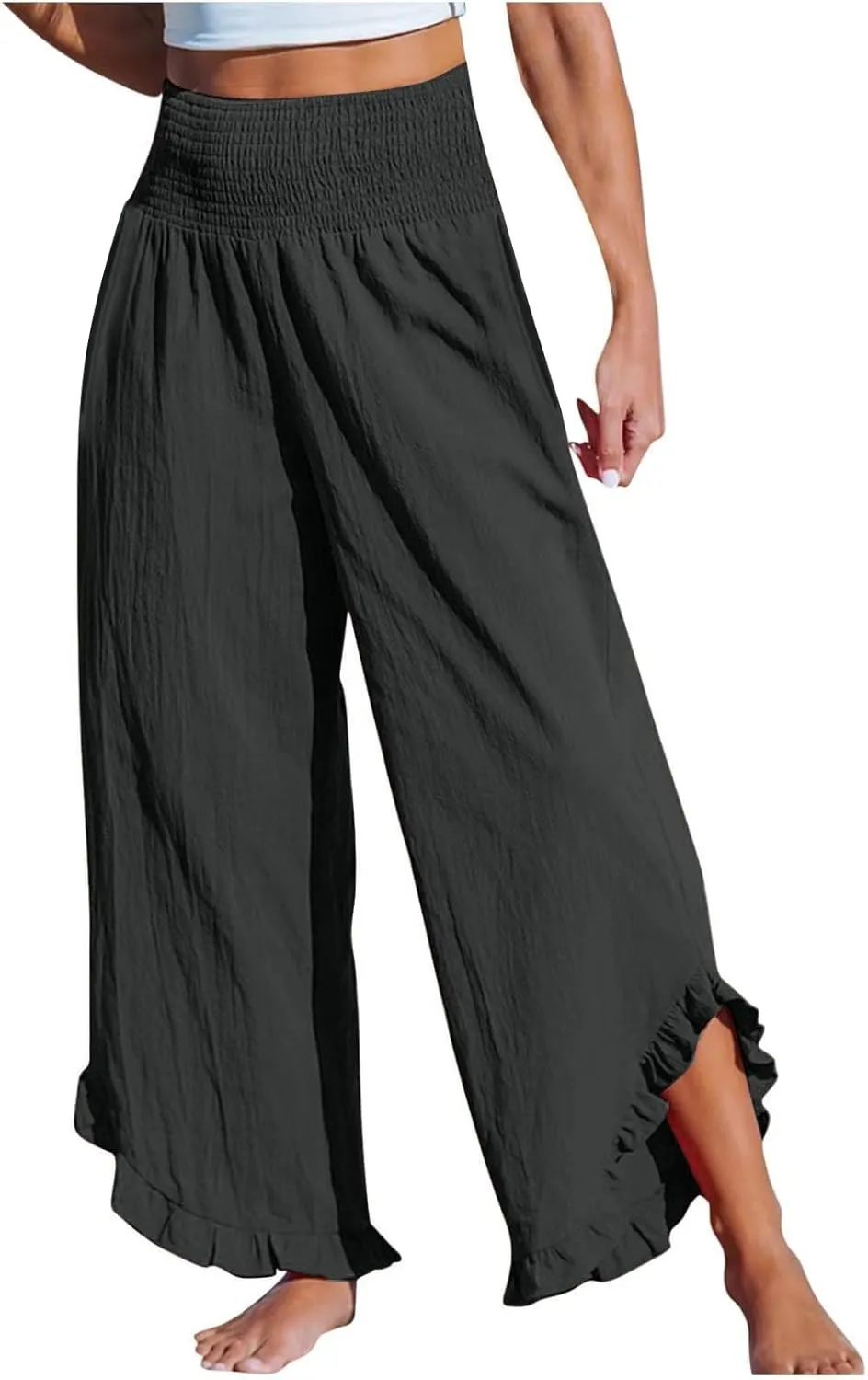 Linen Wide Leg Pants for Women 2025 Stretch Smocked High Waisted Ruffle Hem Palazzo Pants Summer Loose Beach Pants
