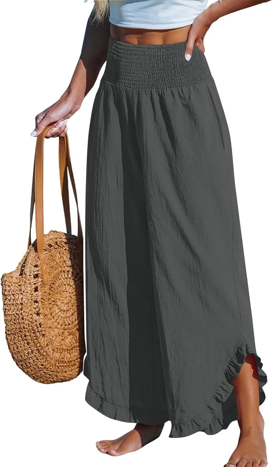 Linen Wide Leg Pants for Women 2025 Stretch Smocked High Waisted Ruffle Hem Palazzo Pants Summer Loose Beach Pants