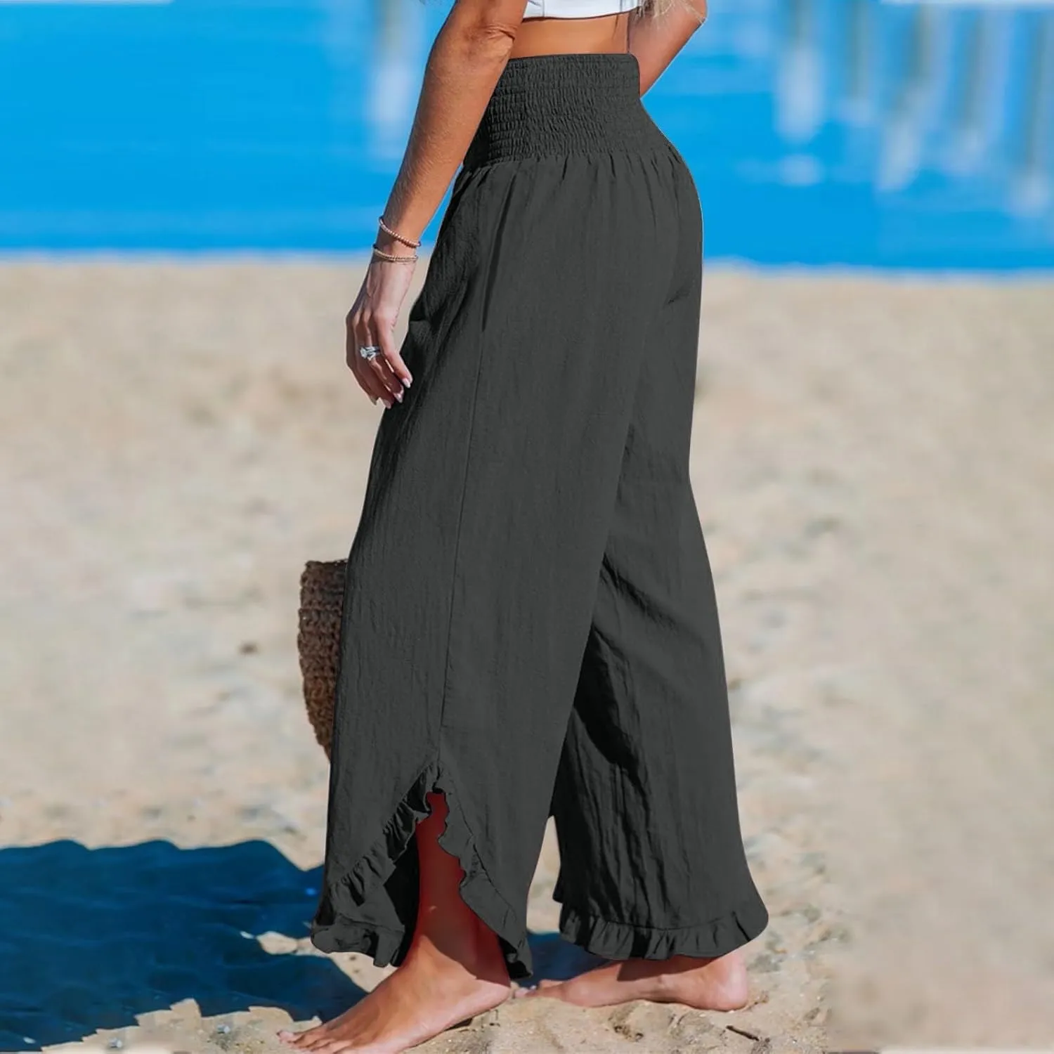 Linen Wide Leg Pants for Women 2025 Stretch Smocked High Waisted Ruffle Hem Palazzo Pants Summer Loose Beach Pants