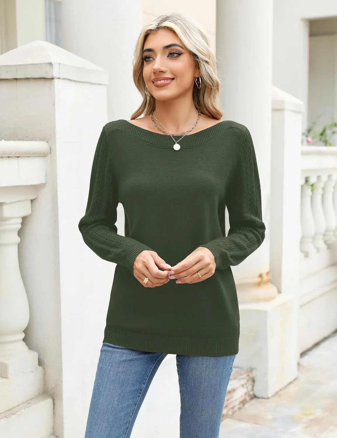 LOMON Women's Light Sweater Long Sleeve Knit Pullover Boat Neck Casual 2024 Winter Fitted Sweater