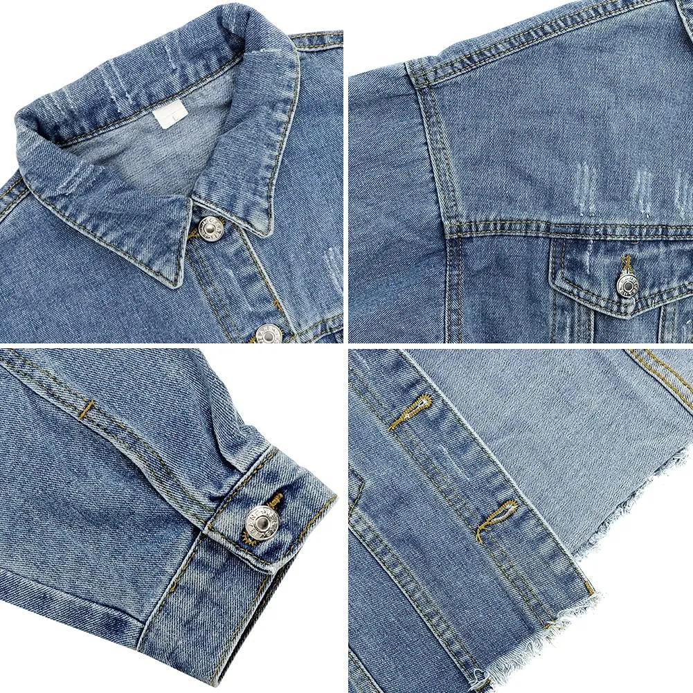 LONGYIDA Women's Cropped Denim Jacket | Distressed Button-Down Jean Jacket | Long Sleeve Ripped & Frayed Blue Coat