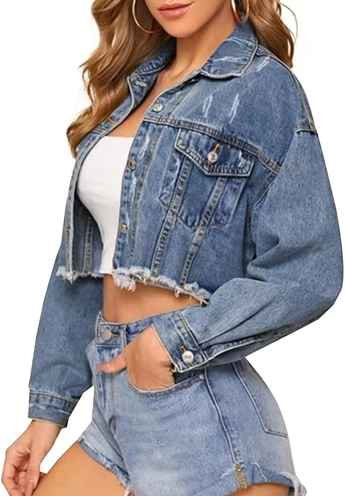 LONGYIDA Women's Cropped Denim Jacket | Distressed Button-Down Jean Jacket | Long Sleeve Ripped & Frayed Blue Coat