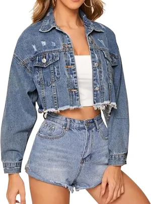 LONGYIDA Women's Cropped Denim Jacket | Distressed Button-Down Jean Jacket | Long Sleeve Ripped & Frayed Blue Coat
