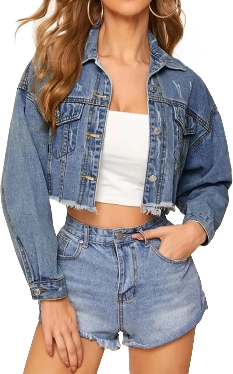 LONGYIDA Women's Cropped Denim Jacket | Distressed Button-Down Jean Jacket | Long Sleeve Ripped & Frayed Blue Coat