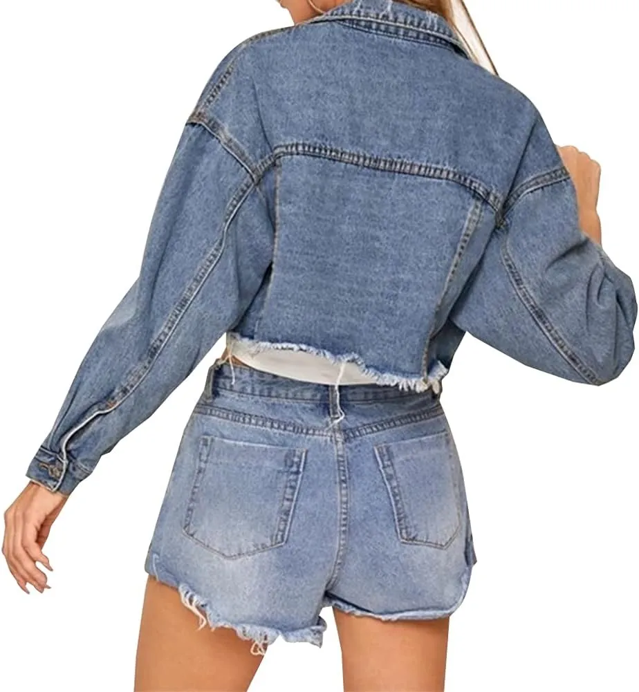 LONGYIDA Women's Cropped Denim Jacket | Distressed Button-Down Jean Jacket | Long Sleeve Ripped & Frayed Blue Coat