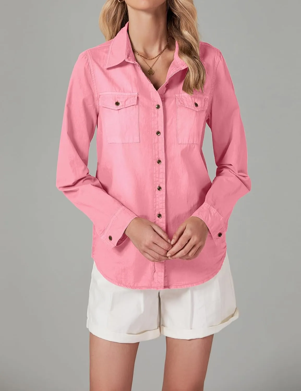 LookbookStore Women's Long Sleeve Collared Shirt Button Down Denim Blouse Tops