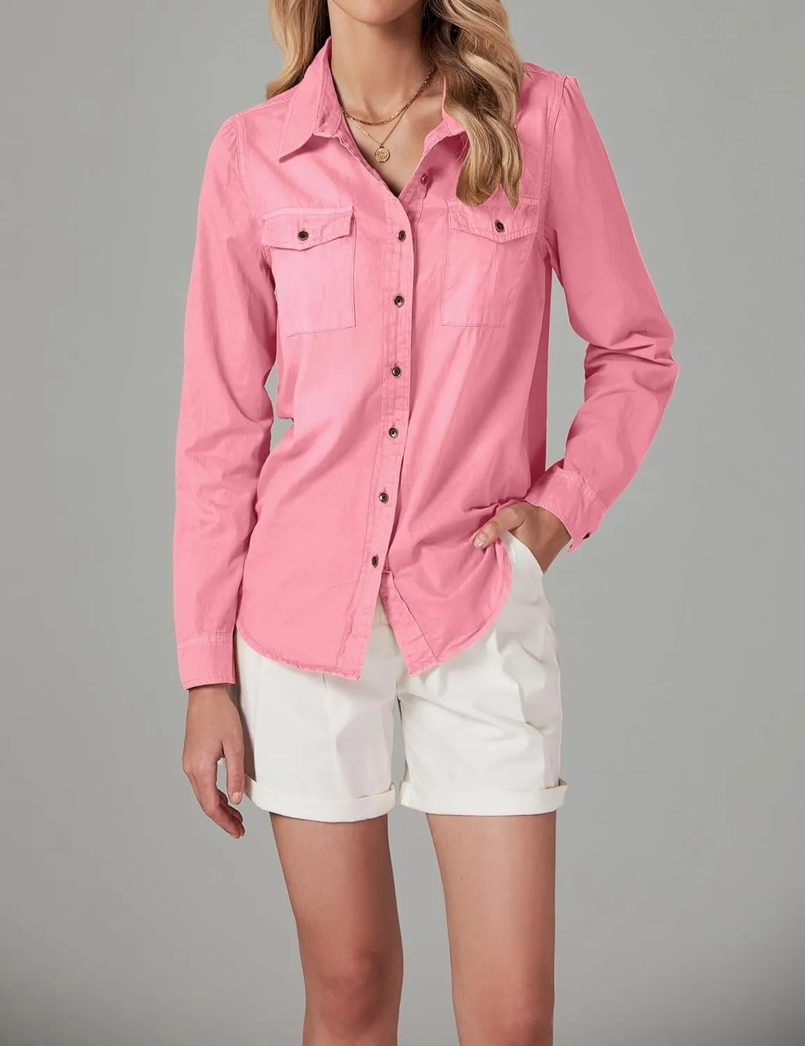 LookbookStore Women's Long Sleeve Collared Shirt Button Down Denim Blouse Tops