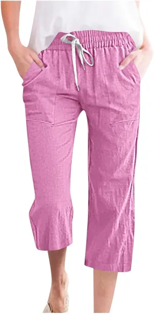 LRMQS Capri Pants for Women Casual Summer 2024 Drawstring Capris Linen Pants Pockets Beach Straight Wide Leg Cropped Trousers
