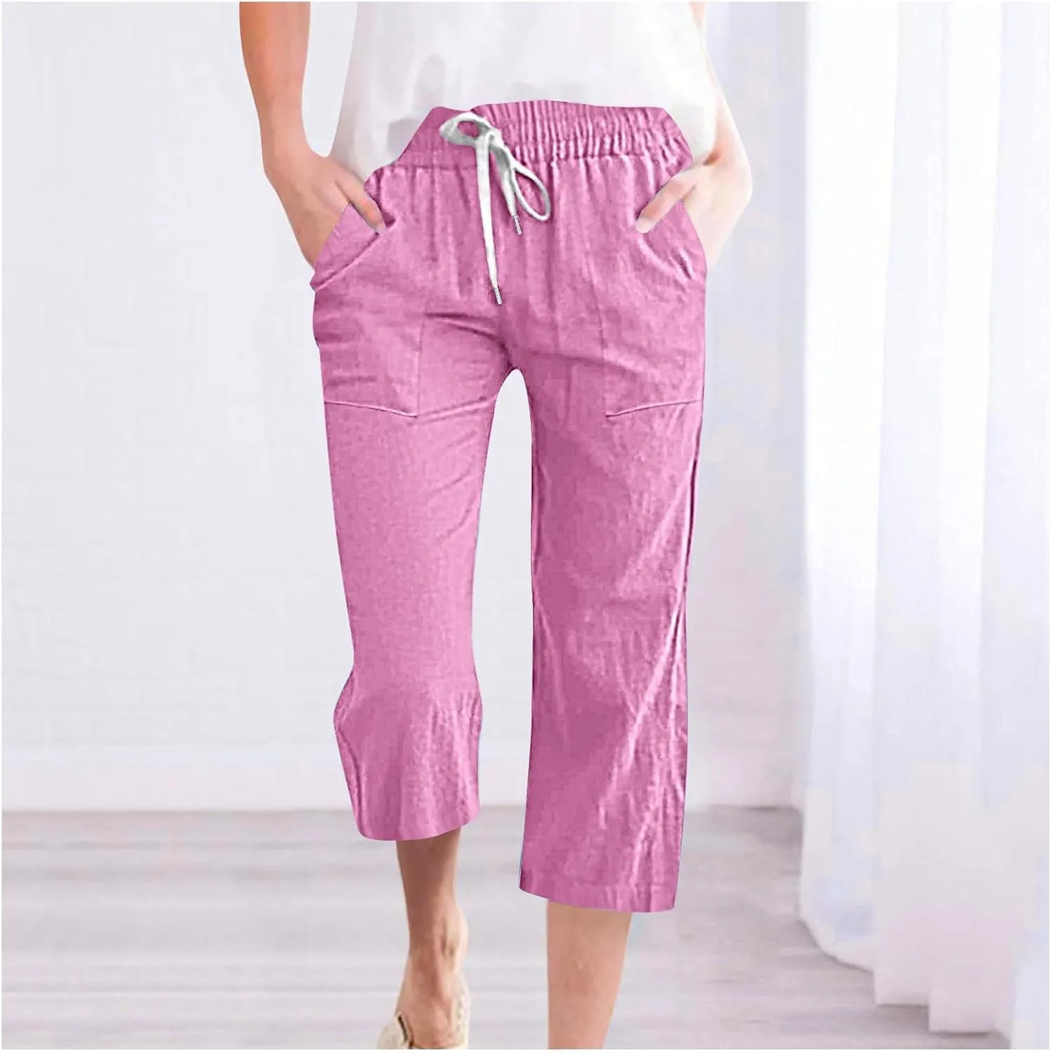 LRMQS Capri Pants for Women Casual Summer 2024 Drawstring Capris Linen Pants Pockets Beach Straight Wide Leg Cropped Trousers
