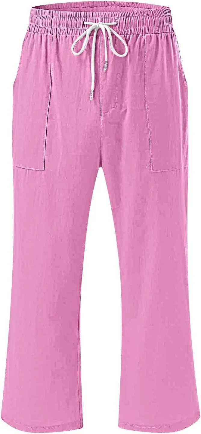 LRMQS Capri Pants for Women Casual Summer 2024 Drawstring Capris Linen Pants Pockets Beach Straight Wide Leg Cropped Trousers