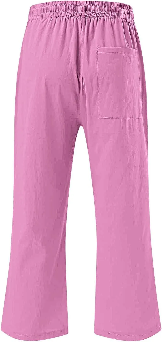 LRMQS Capri Pants for Women Casual Summer 2024 Drawstring Capris Linen Pants Pockets Beach Straight Wide Leg Cropped Trousers