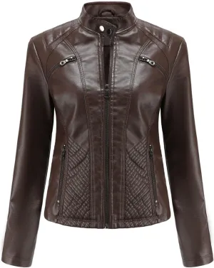 Lu's Chic Women's Long Sleeve Leather Jacket Faux Leather Top Thermal Zipper Motorcycle Bike Zip Fashion Outerwear