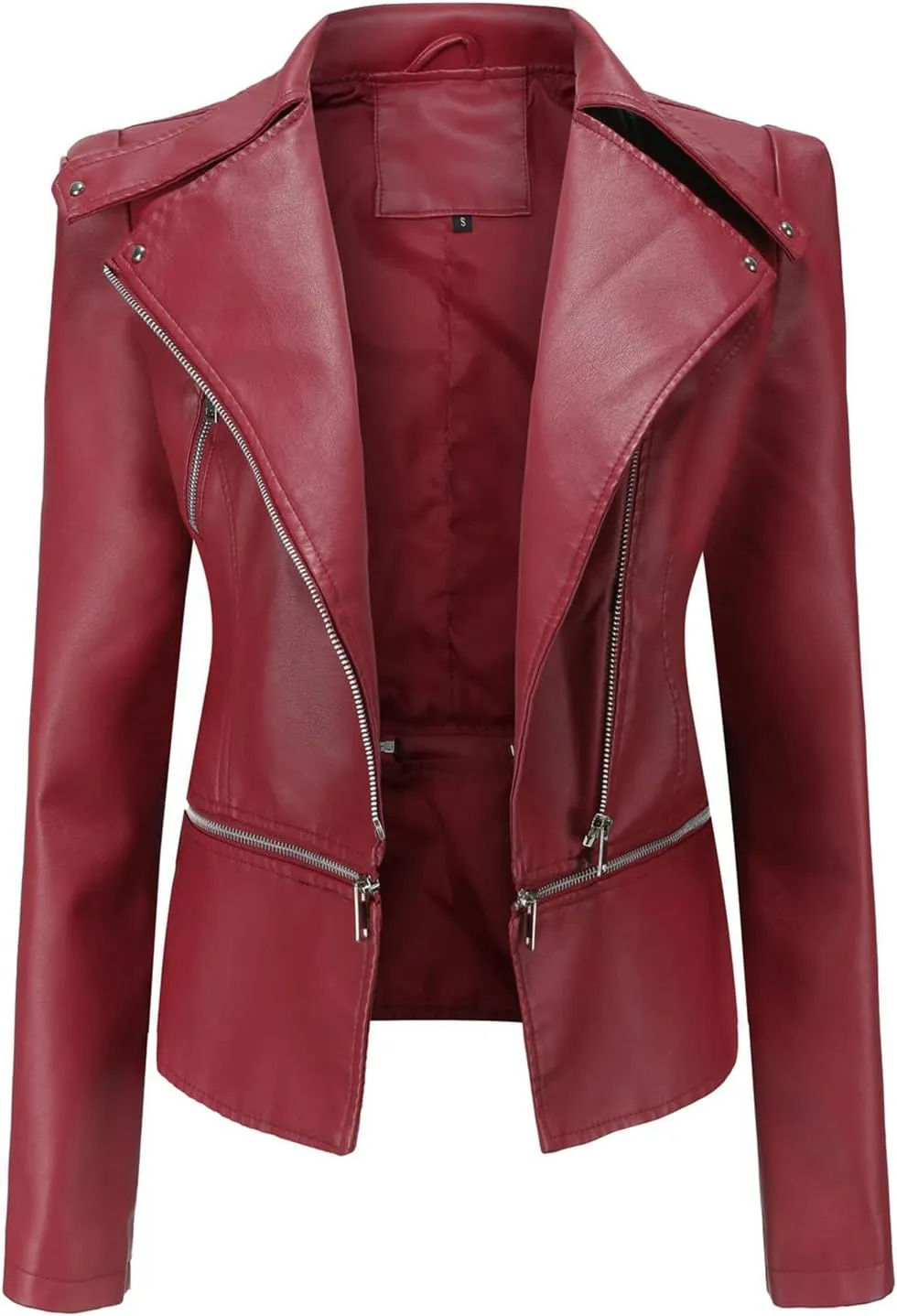 Lu's Chic Women's Moto Jacket Faux Leather Turn Down Collared Crop Blazer Lightweight Biker Coat Short Motorcycle Jacket