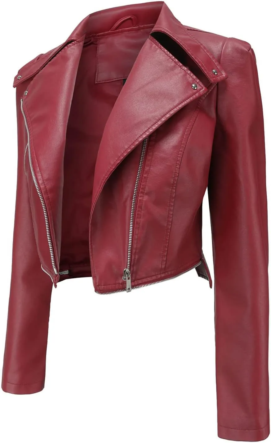 Lu's Chic Women's Moto Jacket Faux Leather Turn Down Collared Crop Blazer Lightweight Biker Coat Short Motorcycle Jacket