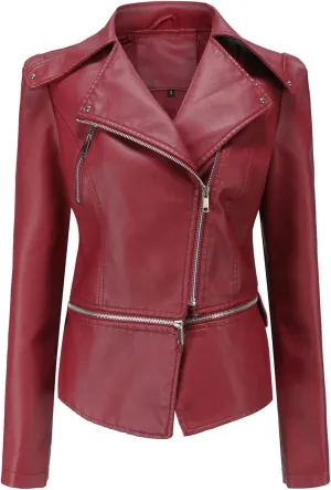 Lu's Chic Women's Moto Jacket Faux Leather Turn Down Collared Crop Blazer Lightweight Biker Coat Short Motorcycle Jacket