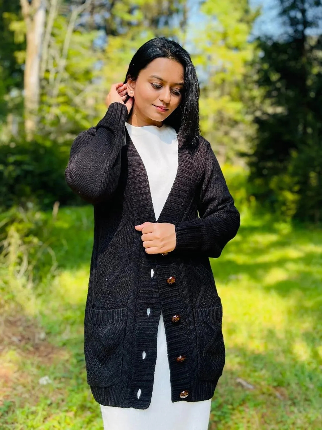 luvamia Womens Long Sleeve Open Front Buttons Cable Knit Pocket Sweater Cardigan