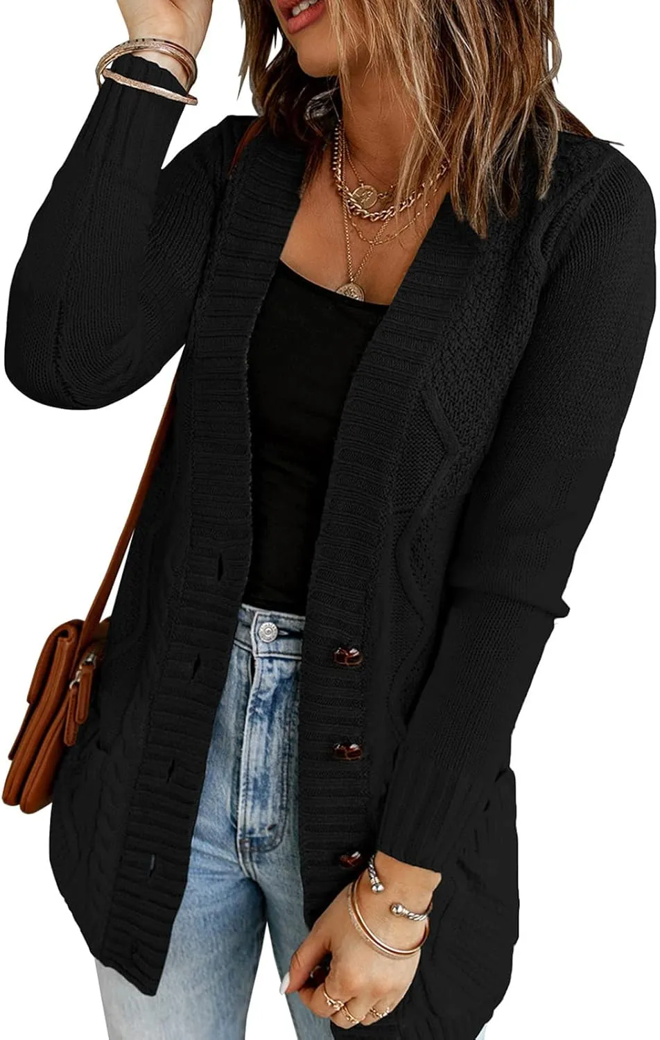 luvamia Womens Long Sleeve Open Front Buttons Cable Knit Pocket Sweater Cardigan
