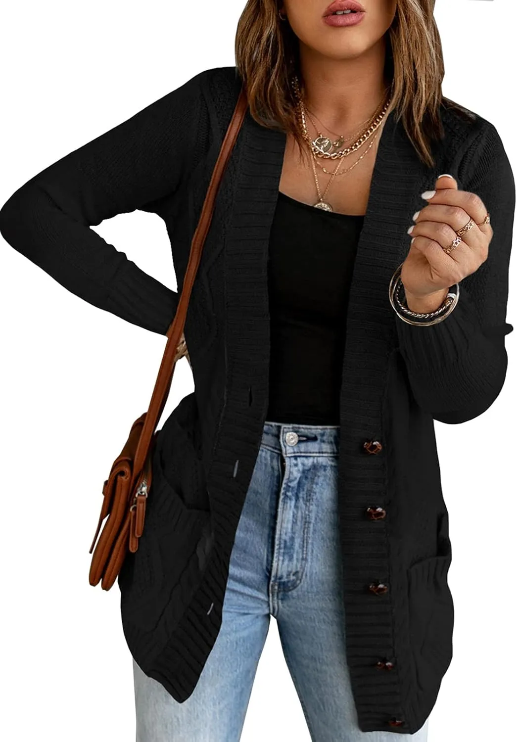 luvamia Womens Long Sleeve Open Front Buttons Cable Knit Pocket Sweater Cardigan