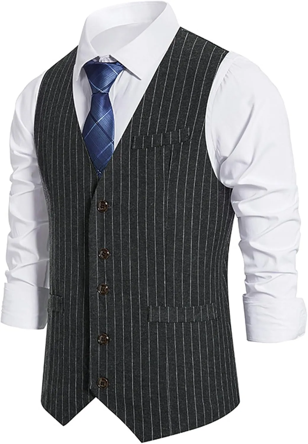 Maiyifu-GJ Men's Casual Pinstripe Dress Vests Formal Business Waistcoat Slim Fit Wedding Suit Vest for Suit or Tuxedo