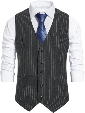 Maiyifu-GJ Men's Casual Pinstripe Dress Vests Formal Business Waistcoat Slim Fit Wedding Suit Vest for Suit or Tuxedo