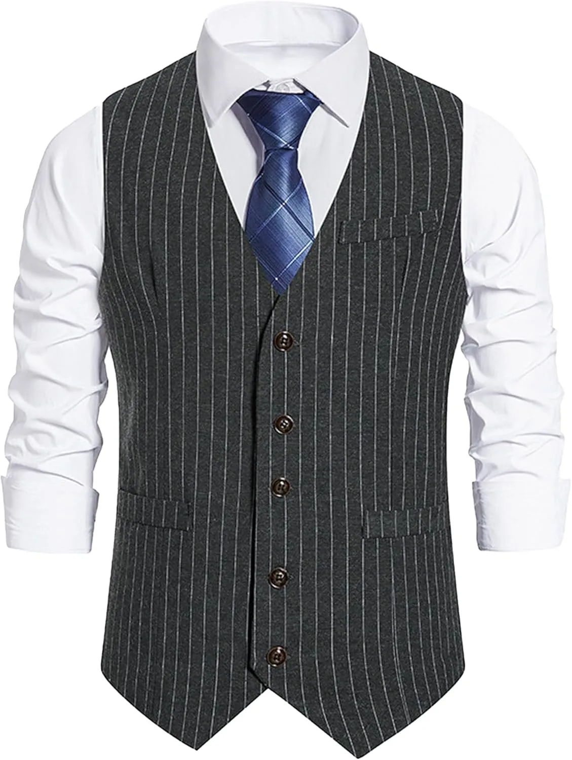 Maiyifu-GJ Men's Casual Pinstripe Dress Vests Formal Business Waistcoat Slim Fit Wedding Suit Vest for Suit or Tuxedo