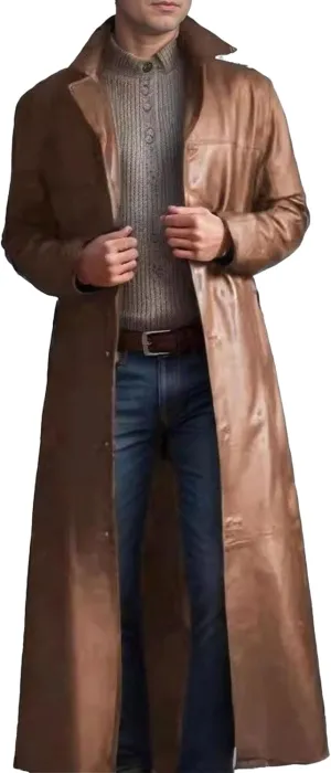 Maiyifu-GJ Men's Leather Trench Coat Full Length Vintage Faux Leather Jackets Overcoat Fashion Motorcycle Long Jacket