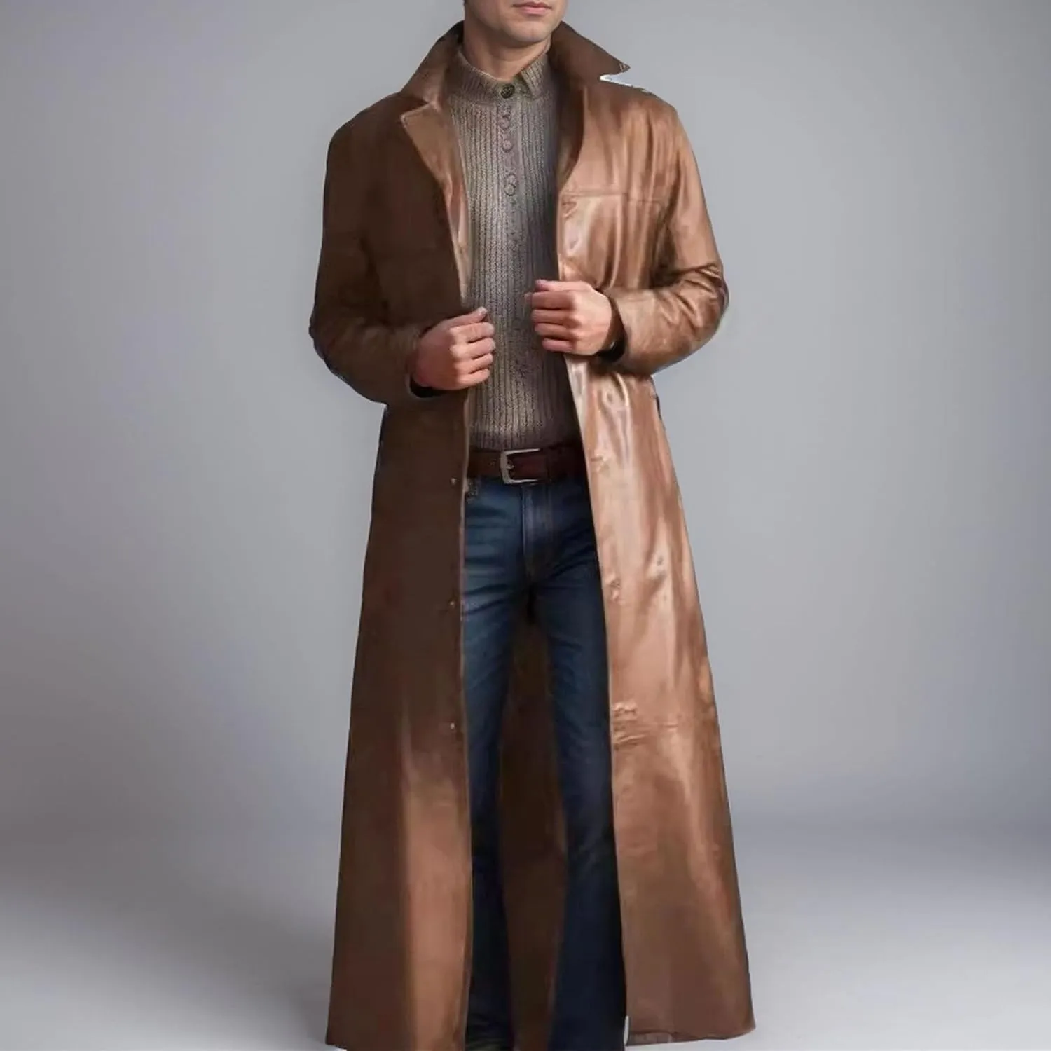 Maiyifu-GJ Men's Leather Trench Coat Full Length Vintage Faux Leather Jackets Overcoat Fashion Motorcycle Long Jacket
