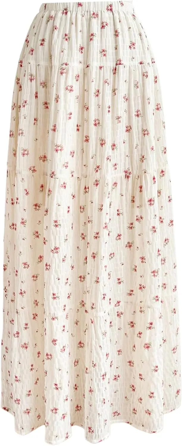 MakeMeChic Women's Ditsy Floral Print Elastic Waist Ruffle Flared Hem Maxi Skirts