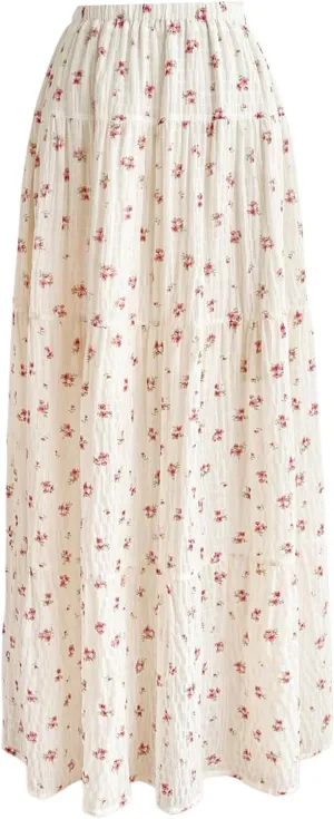 MakeMeChic Women's Ditsy Floral Print Elastic Waist Ruffle Flared Hem Maxi Skirts